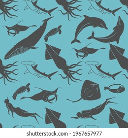 Seamless pattern with Blue Whale, Manta Ray, Dolphin and Squid. Vector illustration