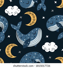 seamless pattern with blue whale and moon in the night sky