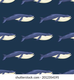 Seamless pattern Blue whale on blue background. Template of cartoon character of ocean for fabric. Repeated geometrical texture with marine cetacean. Design for any purposes. Vector illustration.