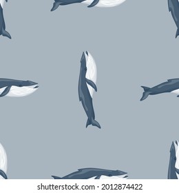 Seamless pattern Blue whale on gray background. Template cartoon character of ocean for fabric. Repeated upright geometrical texture with marine cetacean. Design for any purposes. Vector illustration