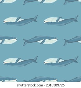 Seamless pattern Blue whale on light blue background. Template of cartoon character of ocean for fabric. Repeated geometrical texture with marine cetacean. Design for any purposes. Vector illustration