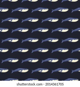 Seamless pattern Blue whale on black background. Template cartoon character of ocean for fabric. Repeated small geometrical texture with marine cetacean. Design for any purposes. Vector illustration.