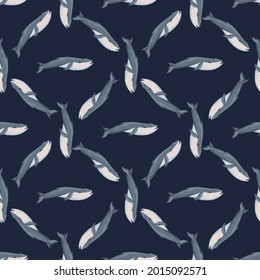 Seamless pattern Blue whale on black background. Template of cartoon character of ocean for fabric. Repeated geometrical texture with marine cetacean. Design for any purposes. Vector illustration.