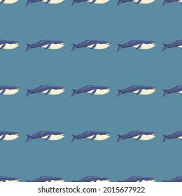 Seamless pattern Blue whale on teal background. Template of cartoon character of ocean for fabric. Repeated small geometrical texture with marine cetacean. Design for any purposes. Vector illustration