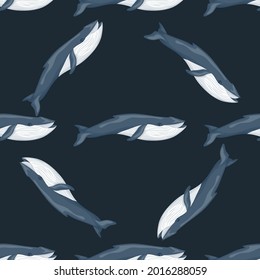 Seamless pattern Blue whale on black background. Template cartoon character of ocean for fabric. Repeated diagonal geometric texture with marine cetacean. Design for any purposes. Vector illustration