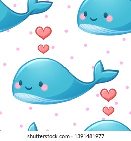 Seamless pattern of blue whale and pink heart on white background - vector illustration