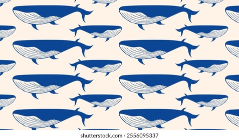 Seamless pattern with blue whales for backgrounds, wallpapers, textiles and fashion.