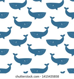 Seamless pattern with blue whales. Bright cartoon print. Art can be used for International Day of the Whales. 