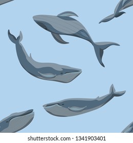 Seamless pattern. Blue whales in different poses on a blue background. Realistic vector illustration.