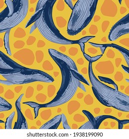 Seamless pattern of blue whales. Hand drawn vector illustration. Ocean animal abstract ornament. Beautiful underwater fauna. Bright design, fabric, textile, background, wallpaper, print, decor, wrap.