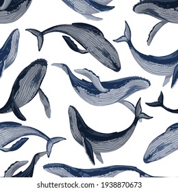 Seamless pattern of blue whales. Hand drawn vector illustration. Ocean mammal animal ornament. Beautiful underwater fauna. Colored design for fabric, textile, background, wallpaper, print, decor, wrap