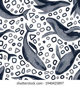Seamless pattern of blue whales. Hand drawn vector illustration. Ocean animal abstract ornament. Beautiful underwater fauna. Colored design, fabric, textile, background, wallpaper, print, decor, wrap.