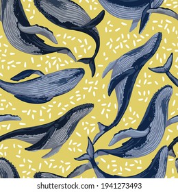 Seamless pattern of blue whales. Hand drawn vector illustration. Ocean mammal animal ornament. Beautiful underwater fauna. Colored design for fabric, textile, background, wallpaper, print, decor, wrap
