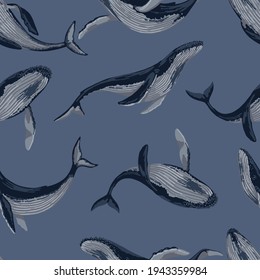 Seamless pattern of blue whales. Hand drawn vector illustration. Ocean mammal animal ornament. Beautiful underwater fauna. Colored design for fabric, textile, background, wallpaper, print, decor, wrap