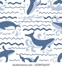 Patrón sin foco con ballenas azules saltando y nadando en el agua. Marítimo. Concepto de vida marina y oceánica. Impresión moderna para tejidos, textiles, papel de envoltura. Ilustración del vector