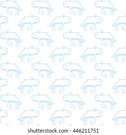 Seamless pattern with blue whales on light background