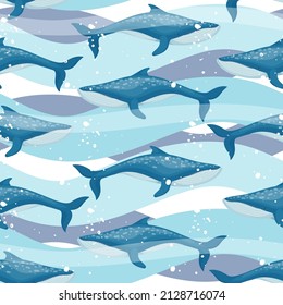 Seamless pattern with blue whales and sea waves.Cartoon vector graphics.