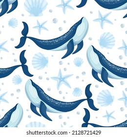 Seamless pattern with blue whales and shells and starfish. Cartoon vector graphics.