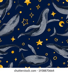 Seamless pattern of blue whales, stars. Hand drawn vector illustration. Ocean animal ornament. Beautiful underwater fauna. Colored design for fabric, textile, background, wallpaper, print, decor, wrap