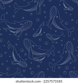 Seamless pattern with blue whales vector illustration. Mother and child. Sea mammals and air bubbles. Cute line doodle characters. Isolated on dark blue backdrop