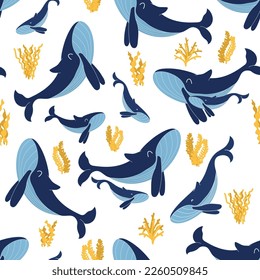 Seamless pattern with blue whales vector illustration. Mother and child. Sea mammals and seaweed. Cute doodle characters. Isolated on white backdrop