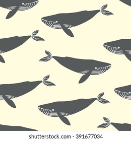 Seamless pattern with blue whales. Vector illustration.