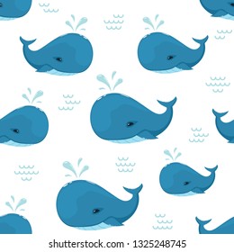 Seamless pattern with blue whales and waves isolated on white background, illustration.
