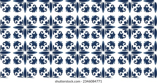 Seamless pattern with blue white azulejo Portuguese ceramic traditional tiles. Vector illustration