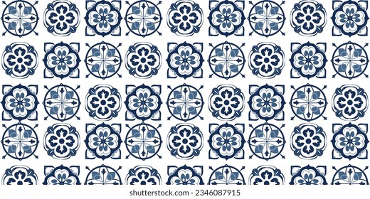 seamless pattern with blue white azulejo Portuguese ceramic traditional tiles. Ethnic portugal geomentric indigo repeated wall floor ornament. Arabic ornamental background.