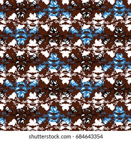 Seamless  pattern with blue, white and black elements on brown background 
