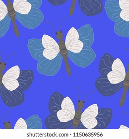 Seamless pattern of blue and white butterflies on a blue background