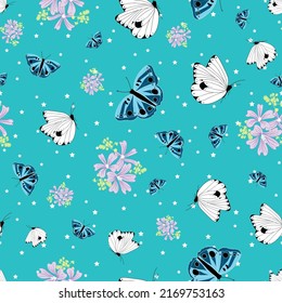 Seamless pattern with blue and white butterflies and flowers