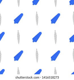 Seamless pattern with blue and white christmas spiral toys on white background. Holiday christmas swirl toy for fir tree. Vector illustration for design, web, wrapping paper, fabric, wallpaper.