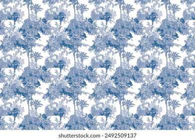 Seamless Pattern Blue and White Cobalt Tropical Jungles 