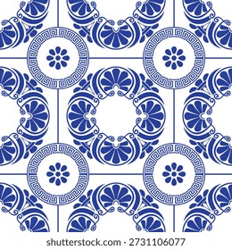 Padrão sem costura com azulejos decorativos azuis e brancos. Padrão azulejar marroquino, azulejo majolica, Talavera, Damasco. Ornamento floral de azulejos portugueses, cerâmica mediterrânica, patchwork. 