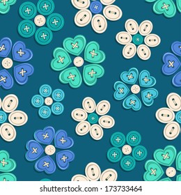 Seamless pattern of blue white flowers made from buttons