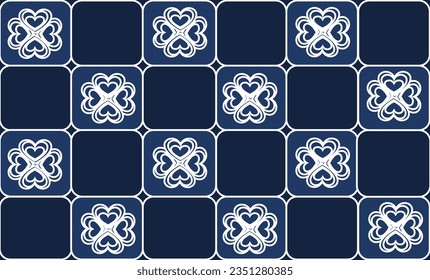 seamless pattern with blue and white flowers, light blue flower on block of blue background illustration image background in checkerboard or chessboard 
