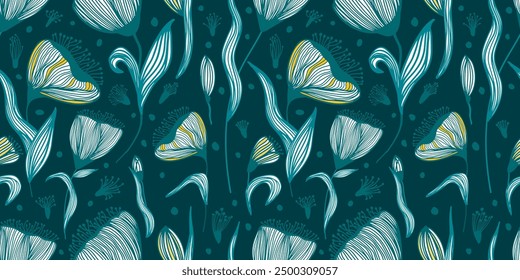 Nahtloses Muster aus blauen und weißen Blumen. Handzeichnung. Nicht AI, Vektorgrafik.
