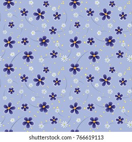 Seamless pattern of blue and white flowers on blue background.