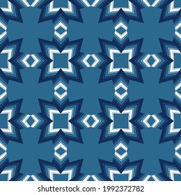 
seamless pattern in blue and white in the form of an ornament for prints on fabrics for clothes, bedspreads, bed linen also for interior decoration, stained glass windows, ceramics, book covers 