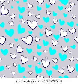 Seamless pattern with blue and white hearts on the grey background