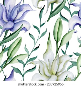 Seamless pattern with blue and white lily. Watercolor hand drawing. Vector illustration