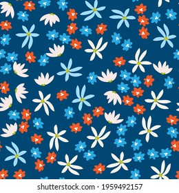 Seamless pattern with blue, white and orange flowers. Vector illustration