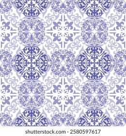 Seamless pattern with blue, white oriental ornaments. Ethnic pattern of the nomadic peoples Turk, Mongol, Kyrgyz, Kazakh. Design ceramic, tiles, border, Mediterranean ceramic, patchwork, sandblasting