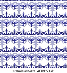 Seamless pattern with blue and white oriental ornaments. Ethnic Elegant Blue Seamless pattern for design tiles, ceramics, porcelains, embroidery, sandblasting in Eastern style. Ethnic tribal pattern