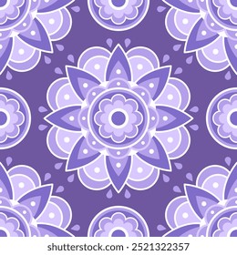 Seamless pattern. Blue and white round symmetrical ethnic mandala on dark blue background. Oriental pattern. Indian or Arabic mandala. Diwali festival. Fabric, wrapping paper.