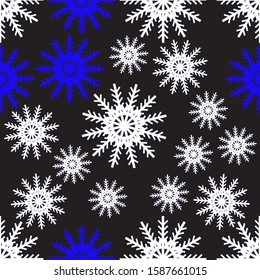 Seamless pattern of blue and white snowflakes on a black background. Vector. Gift Christmas paper, christmas textiles. Christmas design and decoration.