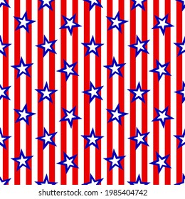 Seamless pattern with blue white stars on red striped background. Patriotic backdrop. Vector illustration. As template for wrapping paper, wallpaper, fabric clothes textile. 4th of july concept.