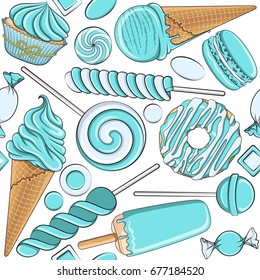 Seamless pattern with blue and white sweets. Vector illustration.