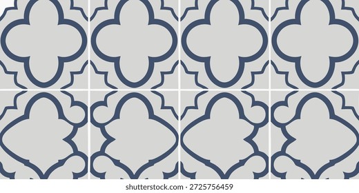 Um padrão perfeito de azulejos azuis e brancos com motivos florais e formas geométricas